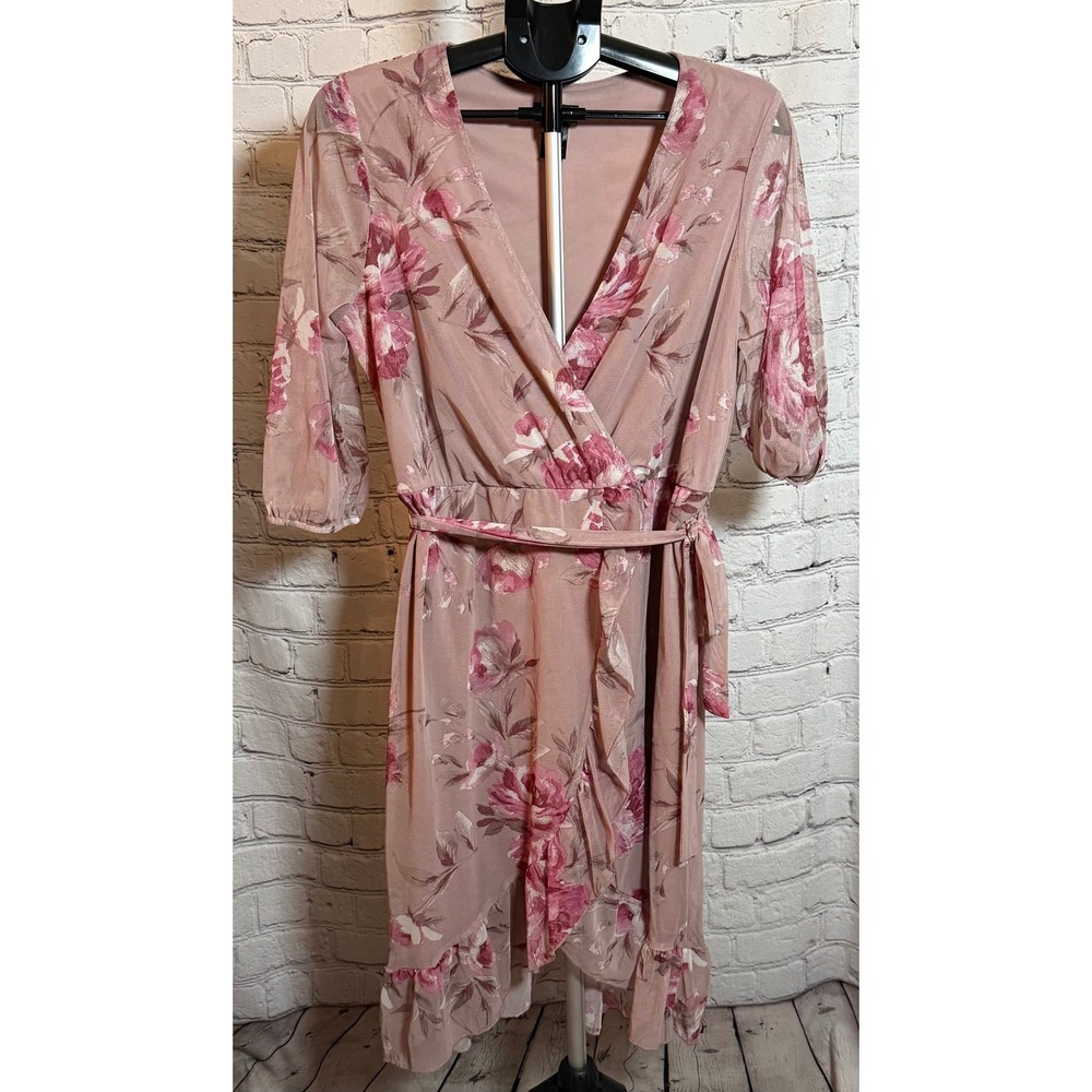 Kate and Lily Pink Floral Mesh Wrap Dress Ruffle Hem Size 14